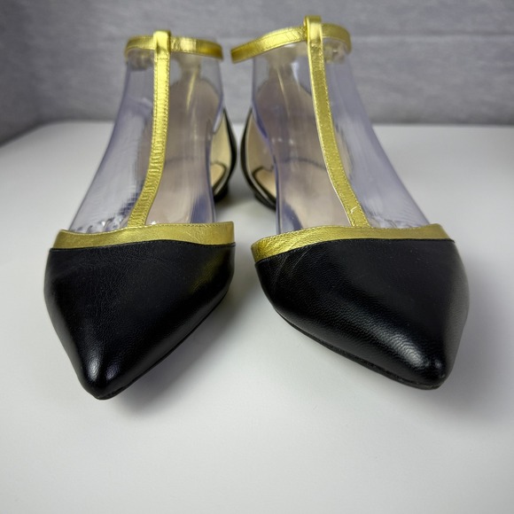 Nine West Black Gold Stripe T Strap Pointed Toe Ballet Flats Women's Size 8.5 - Picture 6 of 8